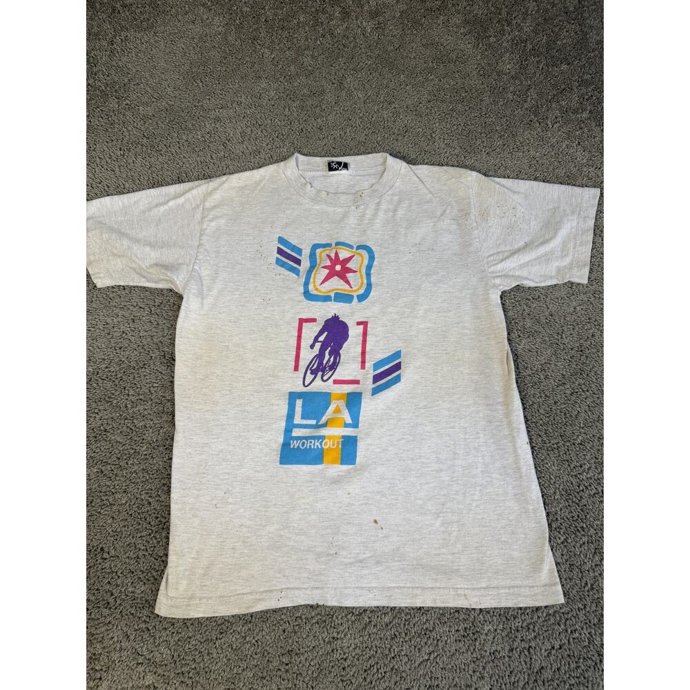 Vintage LA WORKOUT Shirt Mens M Gray Cycling Graphic Crew Neck Cotton Blend